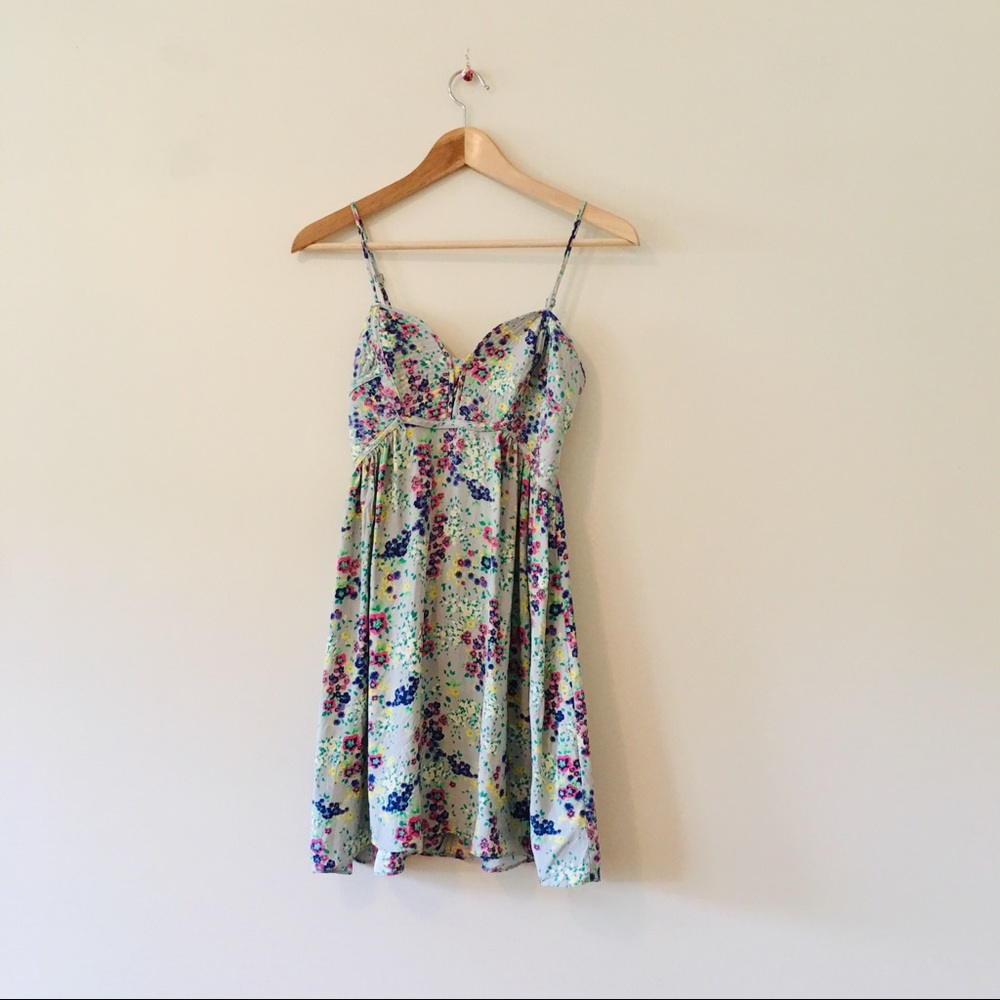 Parker Babydoll mini dress 100% silk gray floral spaghetti strap xs